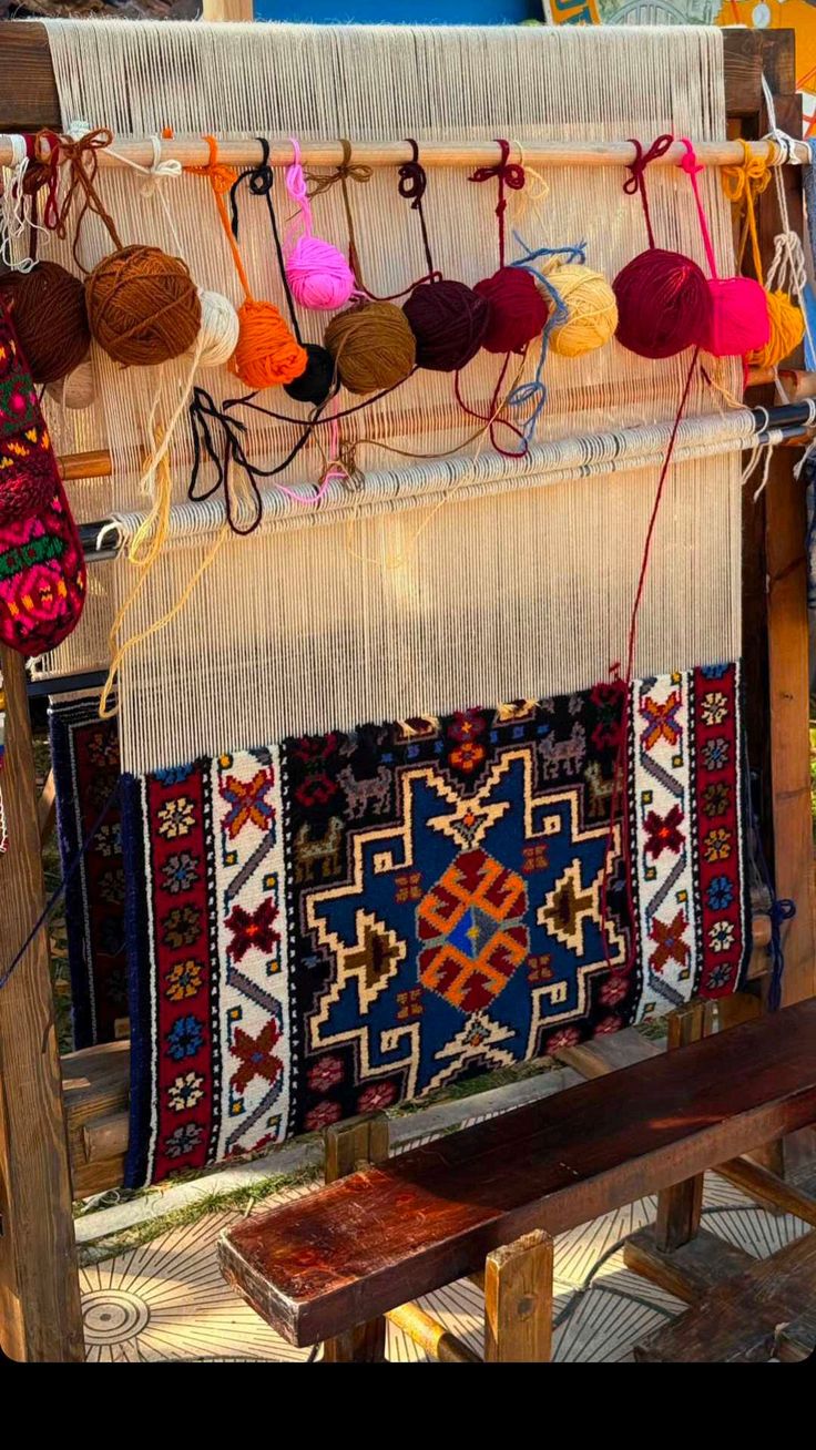 Tribal rug being woven on a loom